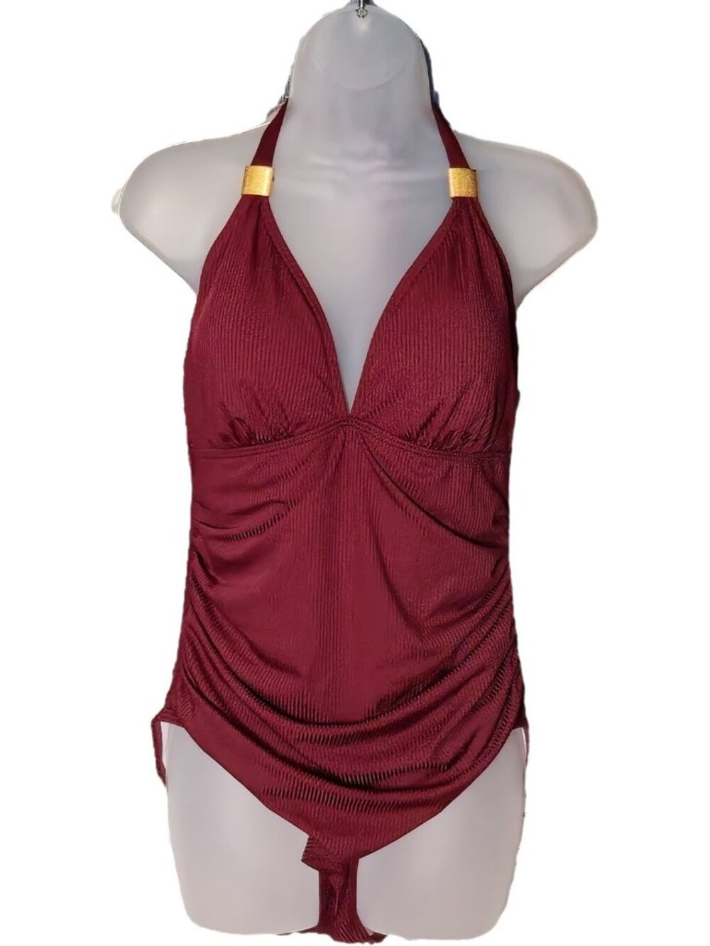 Burgundy One Piece Swimsuit XL Halter Gold Accents Ruched Tummy Control Lined - Picture 1 of 9